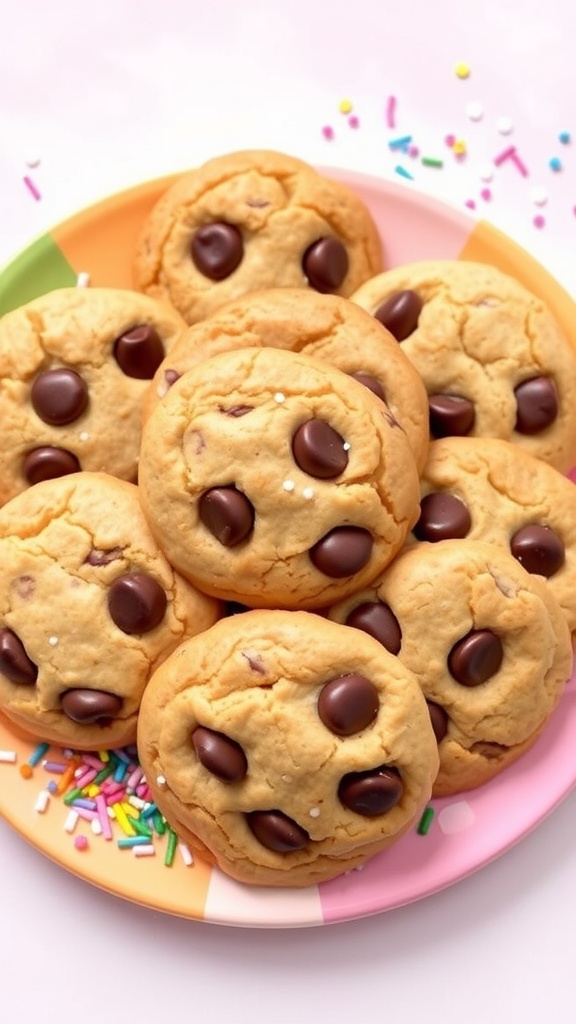 A plate of soft, chewy cookies with chocolate chips, decorated with colorful sprinkles on a whimsical background.